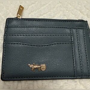 Teal Zip Card Holder Wallet with Horse Carriage Logo Slim Compact